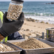 Engineer checks beach sand containing shell fragments with a sieve and salinity meter before construction use.