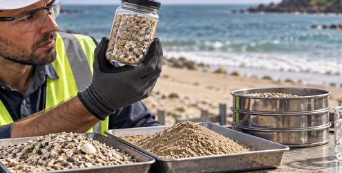 Engineer checks beach sand containing shell fragments with a sieve and salinity meter before construction use.