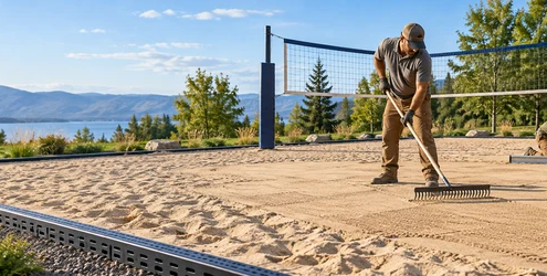 Workers rake and level the sand court beside a volleyball net and drainage edging during court construction.
