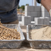 Mason compares coarse construction sand with finer general-purpose sand before choosing a masonry mix