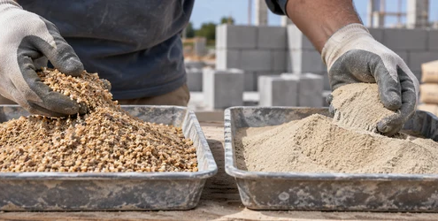 Mason compares coarse construction sand with finer general-purpose sand before choosing a masonry mix
