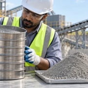 Technician checks manufactured sand with sieve equipment beside crushed aggregate and a concrete test cube.