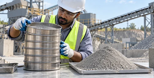 Technician checks manufactured sand with sieve equipment beside crushed aggregate and a concrete test cube.