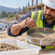 Technician screens a river sand sample beside the riverbank before construction use.