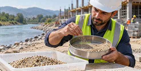 Technician screens a river sand sample beside the riverbank before construction use.