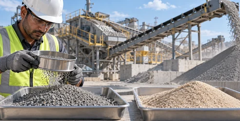 Materials technician screens manufactured robo sand at an aggregate plant and compares it with natural sand.