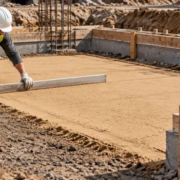 Worker levels a thin sand blinding layer over compacted ground before foundation concrete is poured