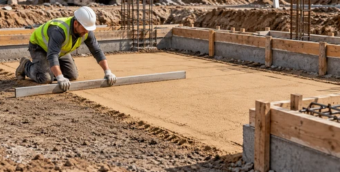 Worker levels a thin sand blinding layer over compacted ground before foundation concrete is poured