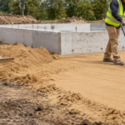 Workers level and compact sand fill to create a stable base within a building foundation