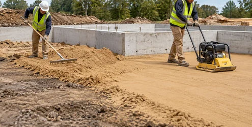 Workers level and compact sand fill to create a stable base within a building foundation