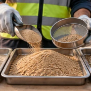 Technician compares fine, medium, and coarse construction sand samples with a grading sieve.