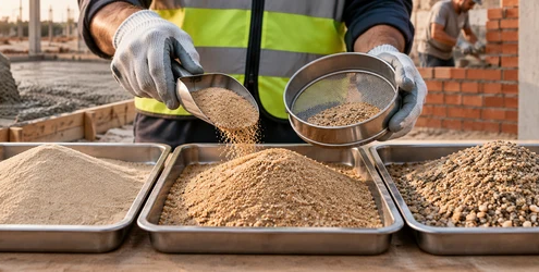 Technician compares fine, medium, and coarse construction sand samples with a grading sieve.