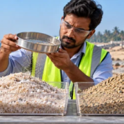 Engineer tests and compares fine beach sand with graded construction aggregate before use on a building project