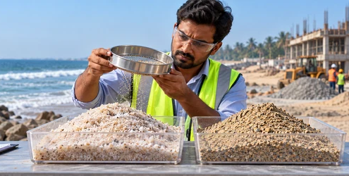 Engineer tests and compares fine beach sand with graded construction aggregate before use on a building project