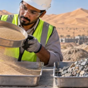 Engineer tests fine desert sand beside graded angular aggregate to assess suitability for construction