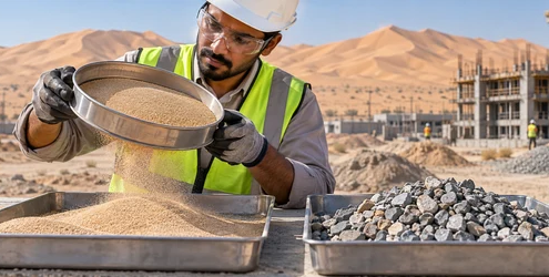 Engineer tests fine desert sand beside graded angular aggregate to assess suitability for construction