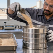 Materials engineer sieves desert sand to compare particle sizes before assessing it for construction use.