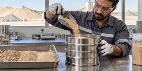 Materials engineer sieves desert sand to compare particle sizes before assessing it for construction use.
