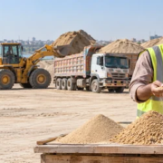 Contractor and supplier compare sand and aggregate samples beside bulk stock and a delivery truck to assess construction supply logistics.