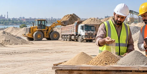 Contractor and supplier compare sand and aggregate samples beside bulk stock and a delivery truck to assess construction supply logistics.