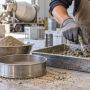 Technician tests hemp aggregate against construction sand in a concrete mix to evaluate its suitability as a replacement.