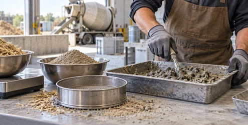 Technician tests hemp aggregate against construction sand in a concrete mix to evaluate its suitability as a replacement.