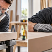 Worker sands a construction substrate and checks the clean surface before applying adhesive.