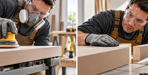 Worker sands a construction substrate and checks the clean surface before applying adhesive.