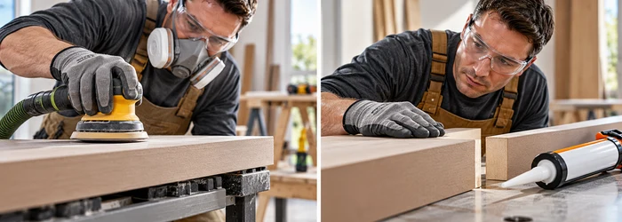 Worker sands a construction substrate and checks the clean surface before applying adhesive.