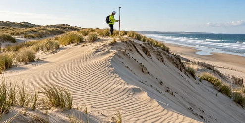 Field engineer surveys a wind-shaped coastal dune with native grass and sand fences protecting the shoreline.