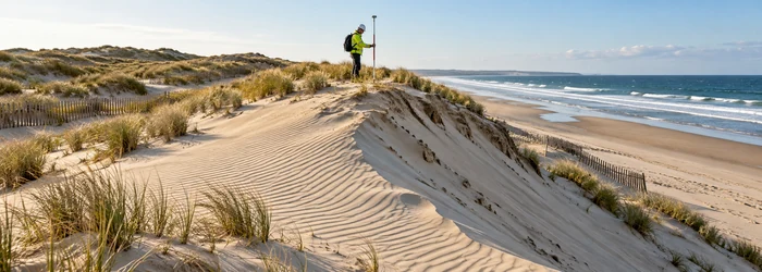 Field engineer surveys a wind-shaped coastal dune with native grass and sand fences protecting the shoreline.