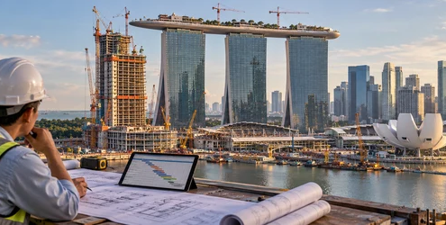 Marina Bay Sands construction phases with cranes and a project planner reviewing the site schedule
