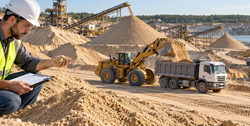 Engineer checks a sand sample at an active quarry as loaders and trucks transport construction sand.