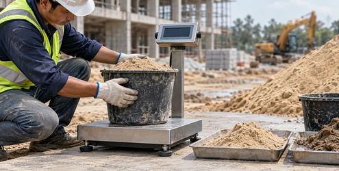 Worker weighs construction sand samples to account for moisture and bulk density before estimating material quantities