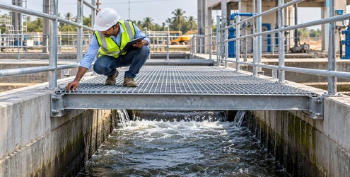 Engineer checks the support and bar spacing of a galvanized steel grating walkway over a drainage channel