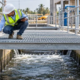 Engineer checks the support and bar spacing of a galvanized steel grating walkway over a drainage channel