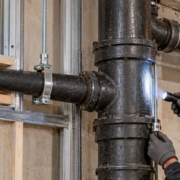Cast iron drainage stack with supported hub-and-spigot joints being inspected in a building plumbing system.