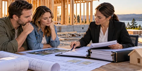 A homeowner and lender review documented borrower funds and a construction budget beside a framed house.