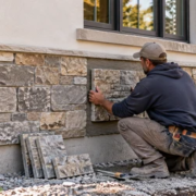 Mason installs stone wainscoting along the lower exterior wall beneath smooth plaster.