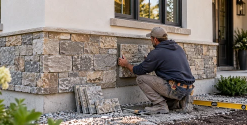 Mason installs stone wainscoting along the lower exterior wall beneath smooth plaster.