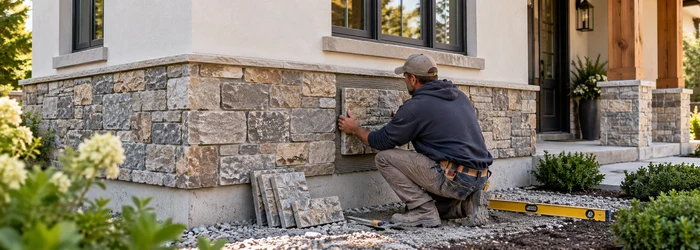 Mason installs stone wainscoting along the lower exterior wall beneath smooth plaster.