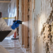 Inspector in protective coveralls and respirator checks crumbly plaster and exposed insulation without disturbing it.