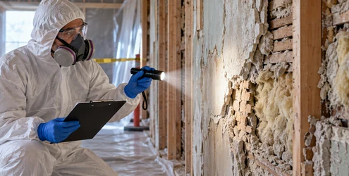 Inspector in protective coveralls and respirator checks crumbly plaster and exposed insulation without disturbing it.