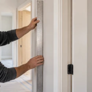 Installer checks a door jamb against the surrounding drywall with a straightedge to confirm both surfaces align flush.