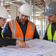 An engineer and trade leads review building services drawings together to clarify scope and system interfaces before construction.