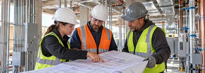 An engineer and trade leads review building services drawings together to clarify scope and system interfaces before construction.