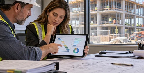 Project manager reviewing a construction schedule of values and progress billing