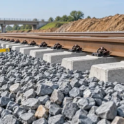 Construction engineer inspects crushed stone ballast supporting railway sleepers and rails