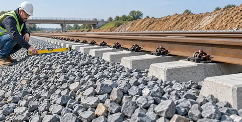 Construction engineer inspects crushed stone ballast supporting railway sleepers and rails