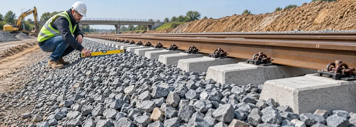 Construction engineer inspects crushed stone ballast supporting railway sleepers and rails